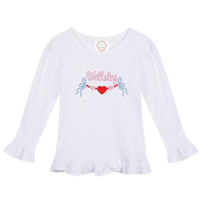 Personalized Heart Strings & Bows Long Sleeve Ruffle Tee