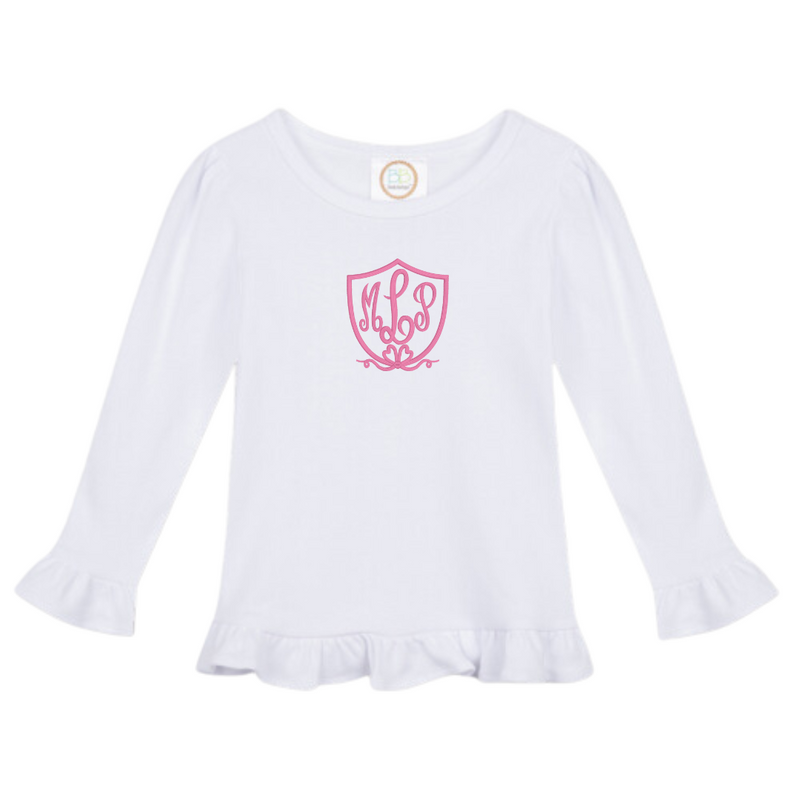 Personalized Heart Crest White Long Sleeve Ruffle Tee