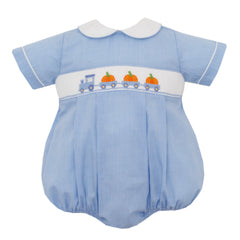 Blue baby romper with white collar and embroidered details on a white background