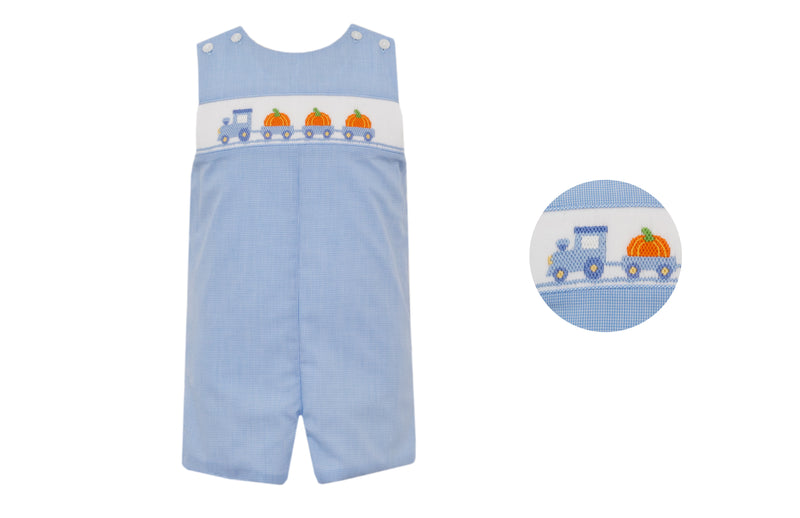 Light blue children's romper with train and pumpkin design on a white background
