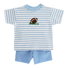 Boys children's outfit set with blue striped shirt featuring an embroidered applique football design and shorts on a white background.