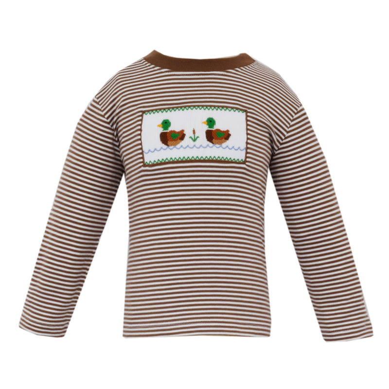 Brown and white striped long-sleeve shirt with smocking of mallard ducks on a white background