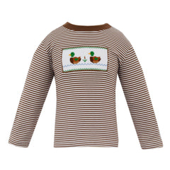 Brown and white striped long-sleeve shirt with smocking of mallard ducks on a white background