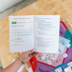 Hand printed instructions on playing Mini Mahjong, with game pieces in the background. Mahjong for kids!