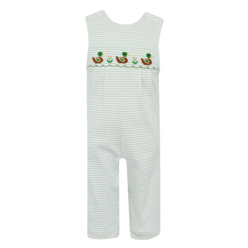 Striped overalls with embroidered design on a white background