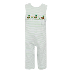 Striped overalls with embroidered design on a white background