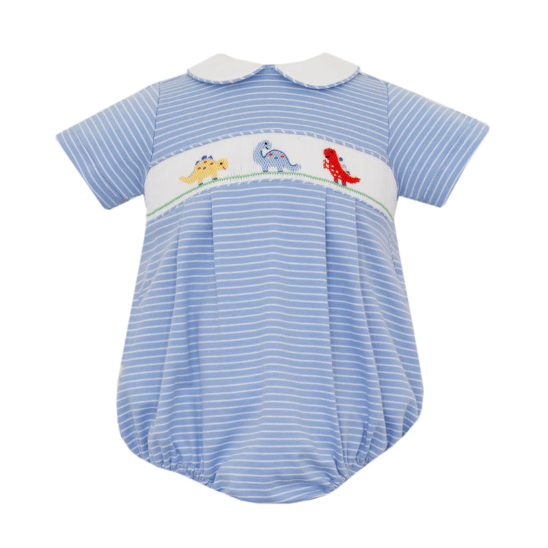 Blue striped baby bubble romper with embroidered smocked designs on a white background