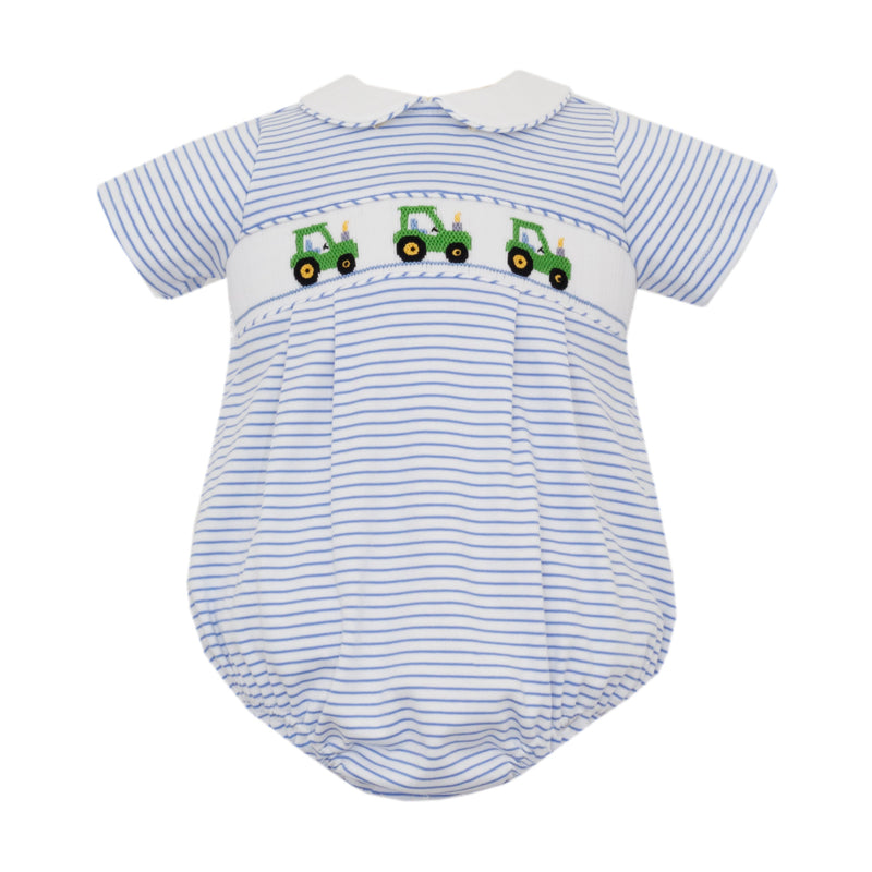 Baby romper with striped pattern and embroidered tractors on a white background