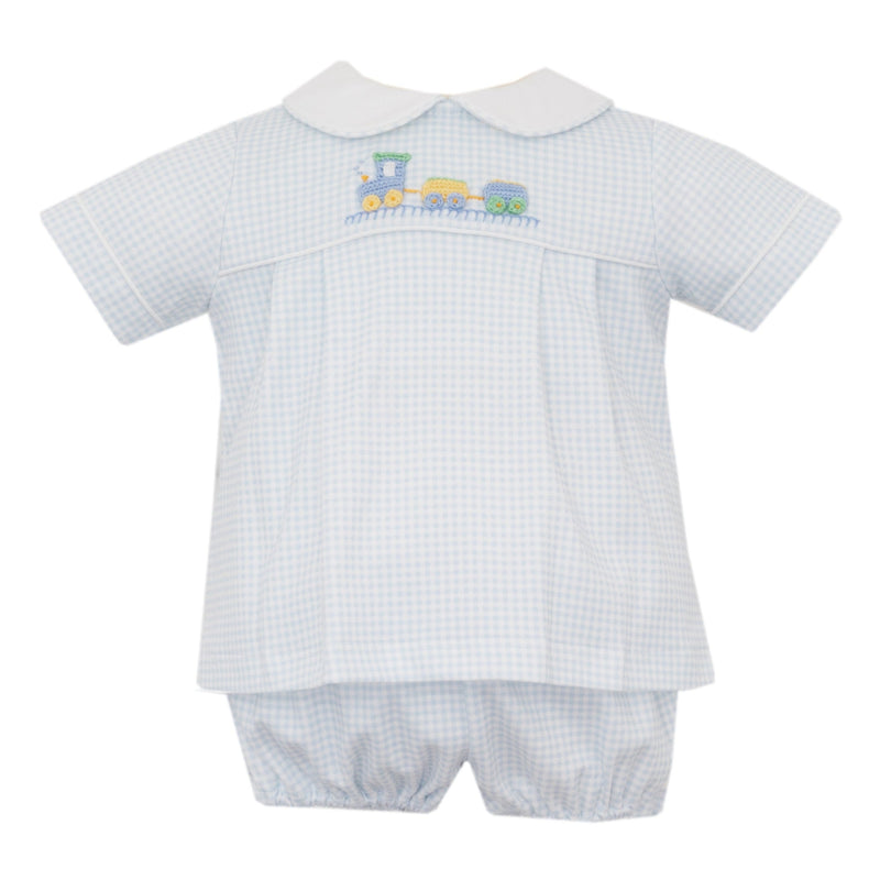 Baby outfit with checkered shirt with embroidered train design and shorts on a white background