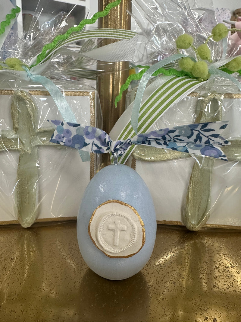 Blue Egg w/ White Cross Intaglio & Blue Floral Ribbon