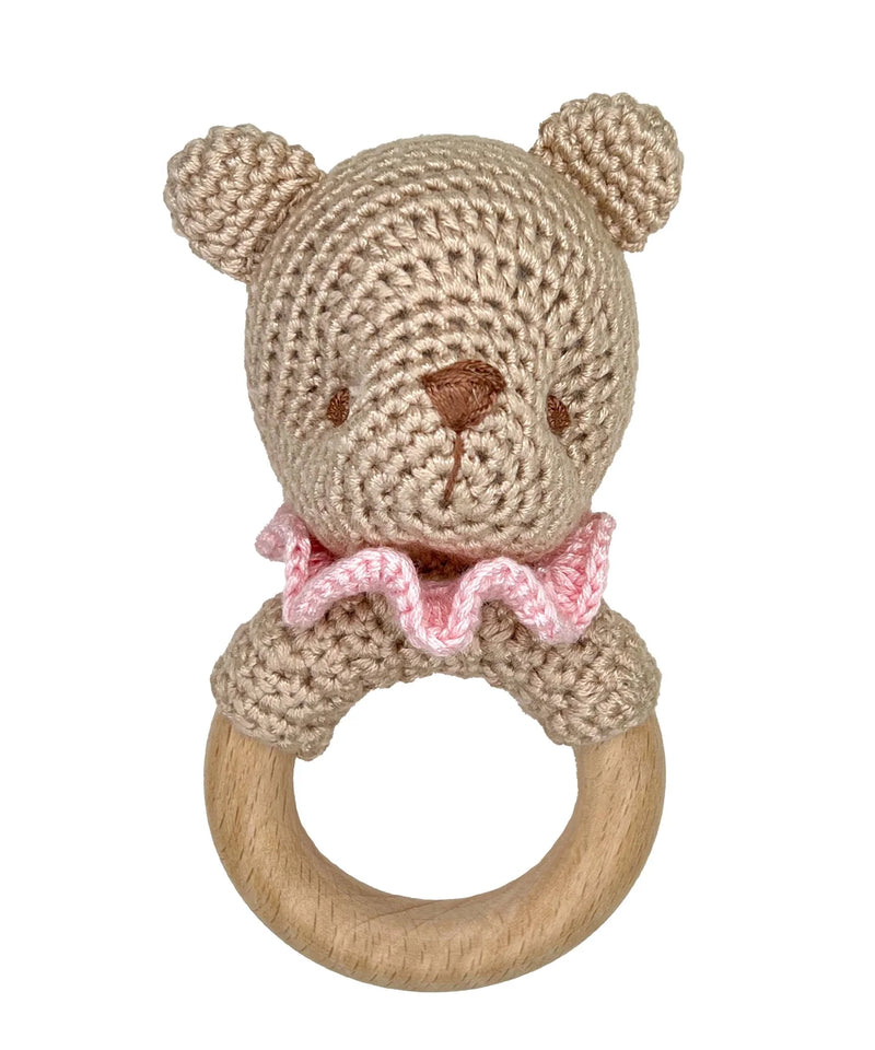 Bear Crochet Woodring Rattle - Pink