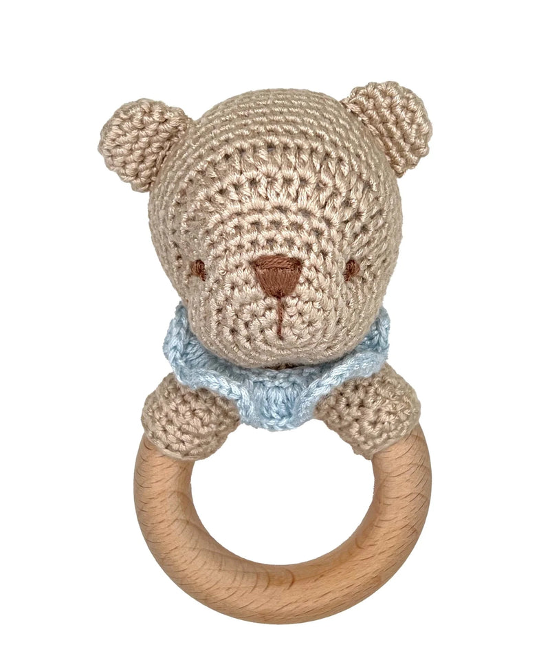 Bear Crochet Woodring Rattle - Blue