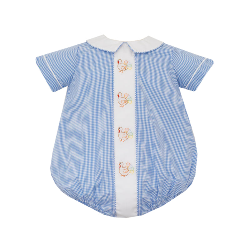 Blue gingham turkey thanksgiving baby romper with white trim on a white background