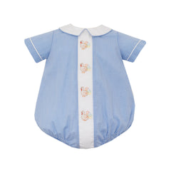 Blue gingham turkey thanksgiving baby romper with white trim on a white background
