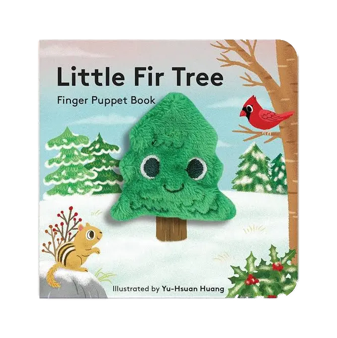 Book cover of 'Little Fir Tree' finger puppet book with a green tree puppet and winter scene.