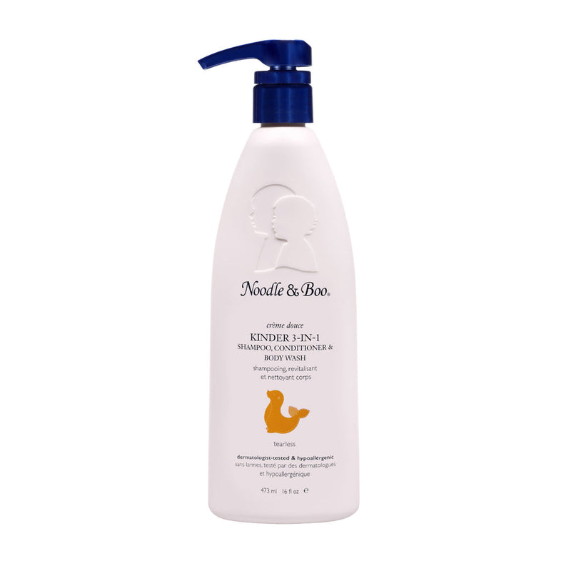 Bottle of Noodle & Boo Kinder 3-in-1 shampoo, conditioner, and body wash on a white background