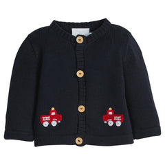 Navy baby knit cardigan with red fire truck designs and wood buttons on a white background