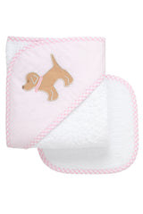 Pink Puppy Appliqué Hooded Towel & Washcloth Set