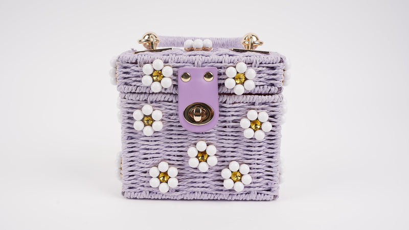 Wicker Bucket Daisy Flower Purse - Purple