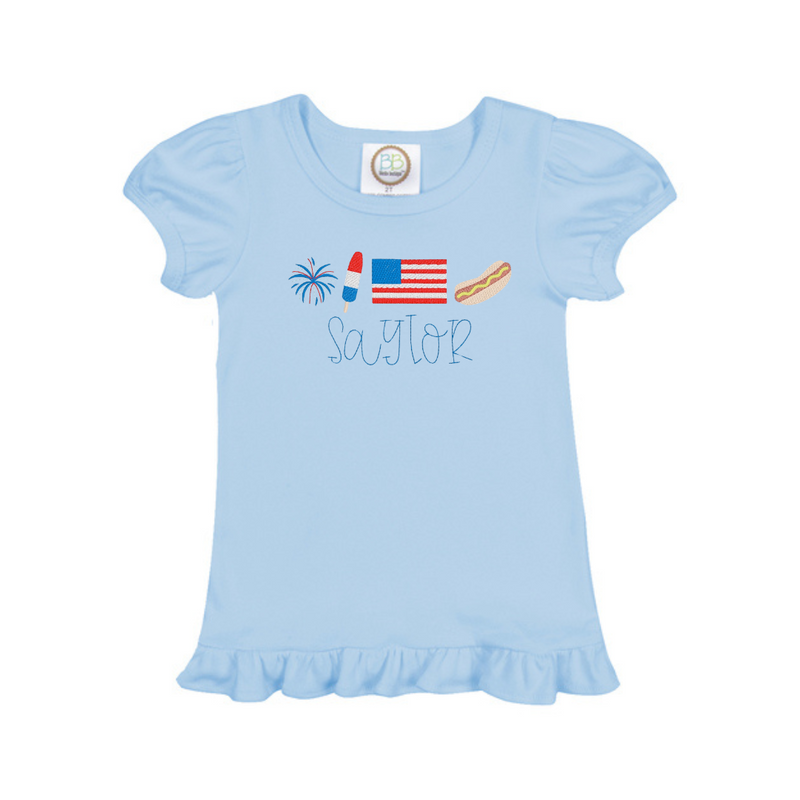 Personalized Girl Ruffle Patriotic Tee - Light Blue