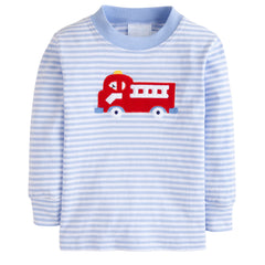 Little English Children's blue and white striped shirt with a red fire truck design on a white background