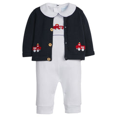 Firetruck baby kids outfit with navy firetruck cardigan, white jumpsuit with red firetruck design on a white background.