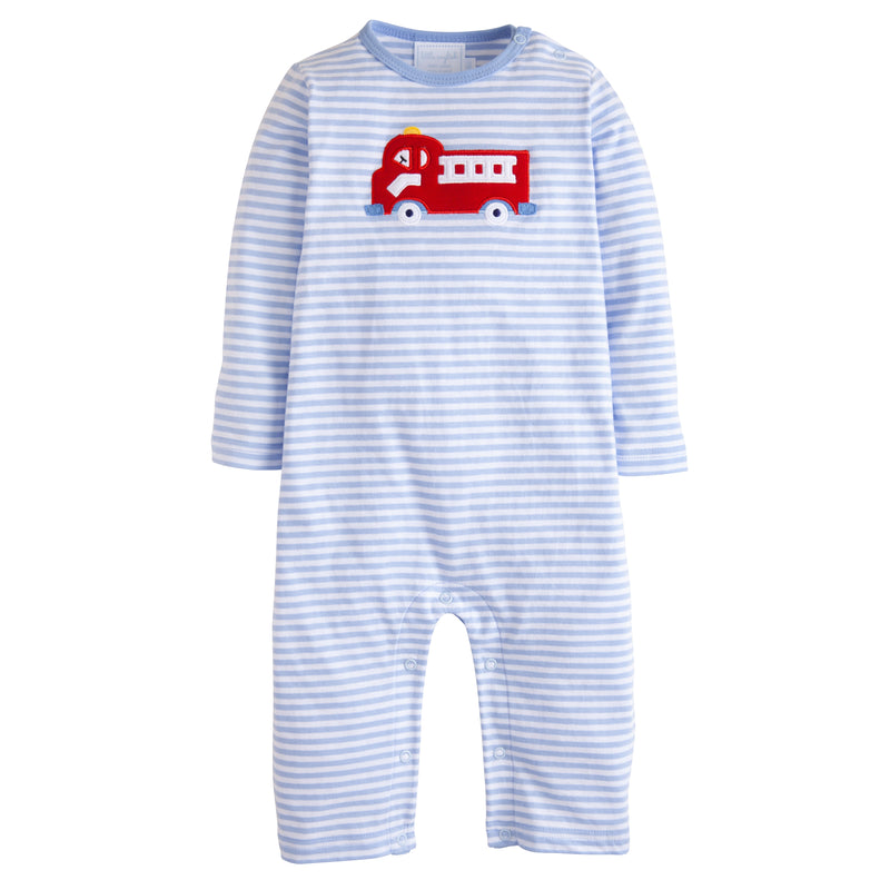 Little English Firetruck striped baby romper with a red fire truck design on a white background