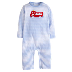 Little English Firetruck striped baby romper with a red fire truck design on a white background