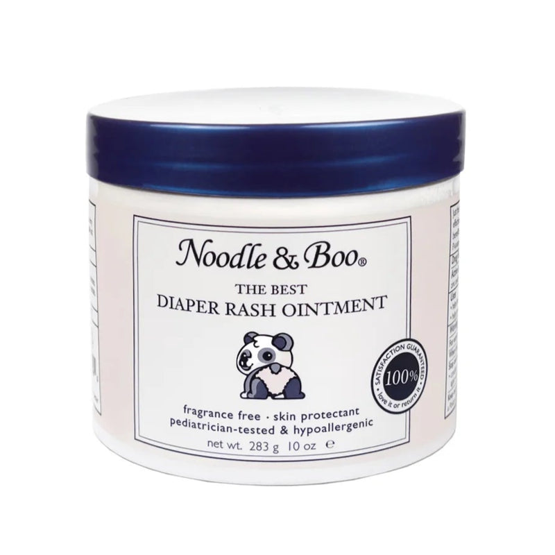 A container of Noodle & Boo Best Diaper Rash Ointment with a white label and blue and black accents.