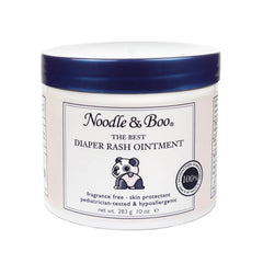 A container of Noodle & Boo Best Diaper Rash Ointment with a white label and blue and black accents.