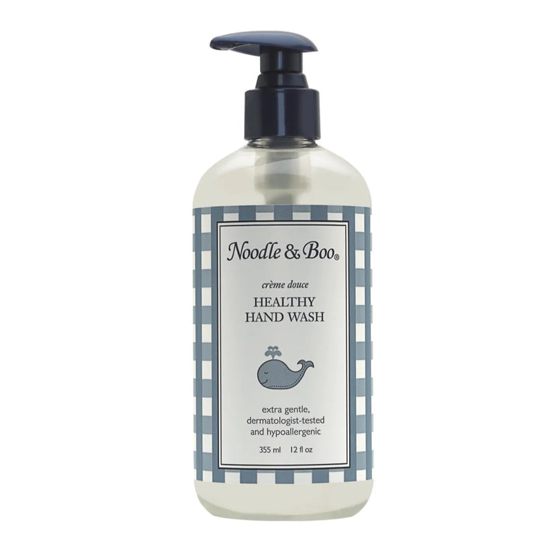 A pump bottle of Noodle and Boo Healthy Hand Wash with a blue and white checkered label.
