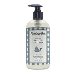 A pump bottle of Noodle and Boo Healthy Hand Wash with a blue and white checkered label.