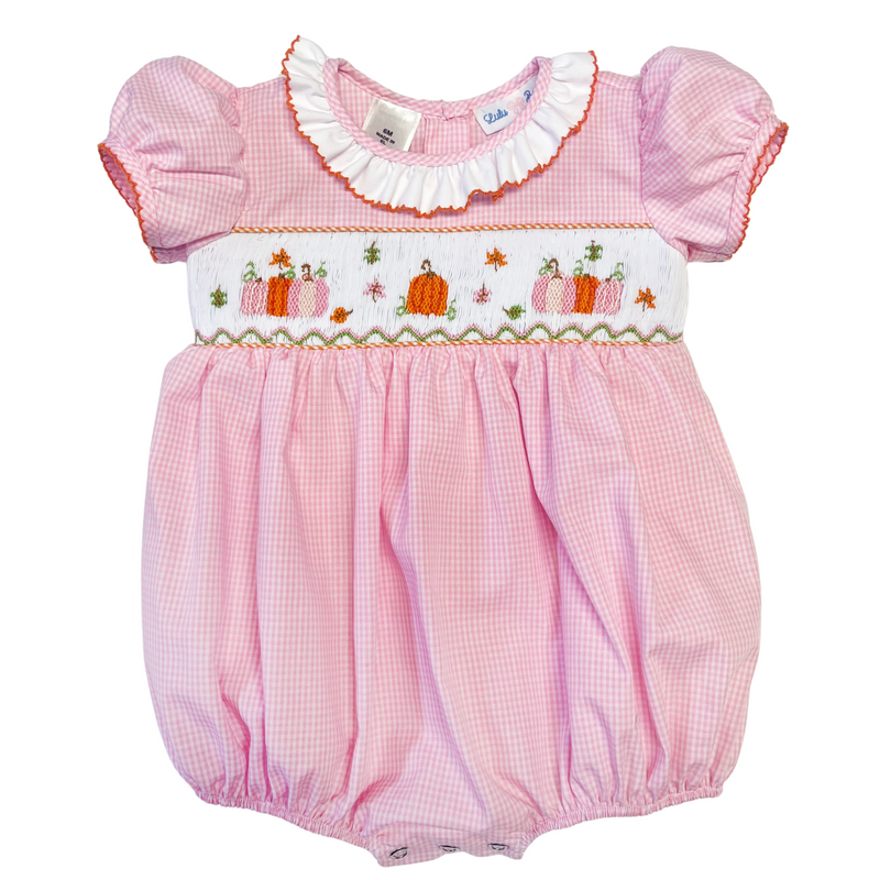Pink checkered baby romper with pumpkin embroidery on a white background