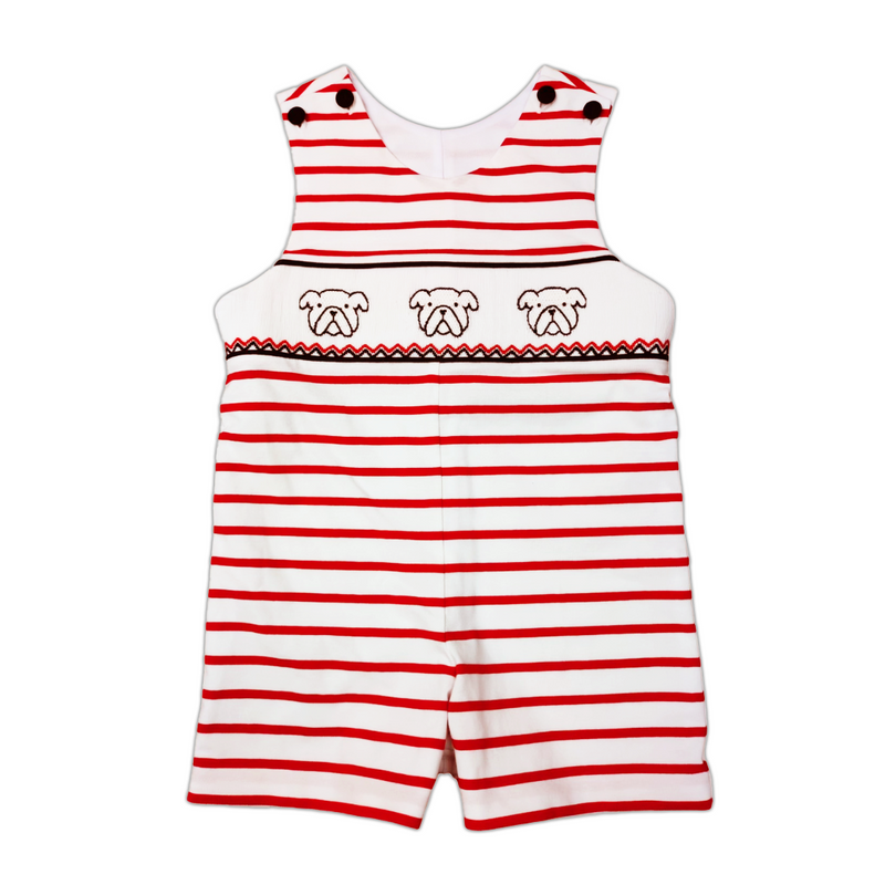Red and white striped romper with bulldog embroidery smocking on a white background