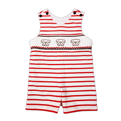 Red and white striped romper with bulldog embroidery smocking on a white background