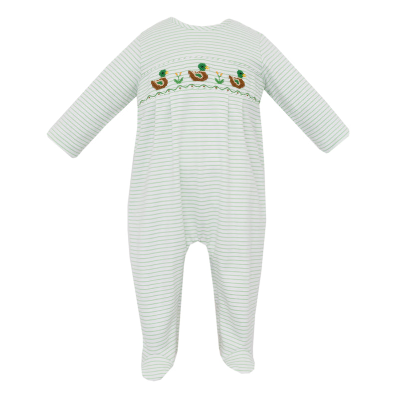 Striped baby onesie with embroidered design on a white background