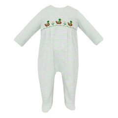 Striped baby onesie with embroidered design on a white background