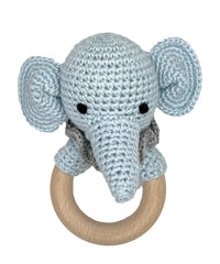 Elephant Crochet Woodring Rattle - Blue