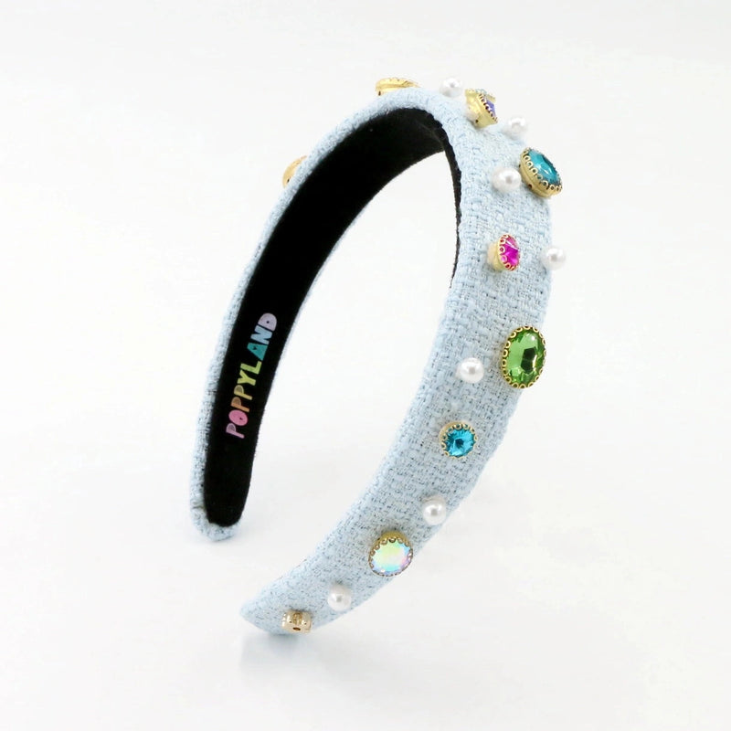 Light Blue Tweed Bejeweled Headband