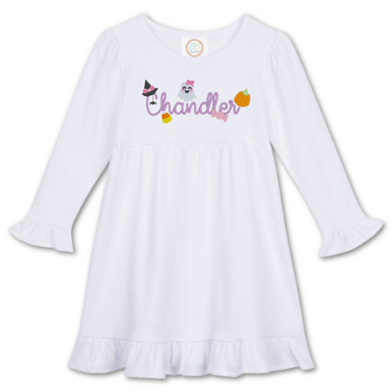 Personalized Halloween Girl's LS Ruffle Dress - White