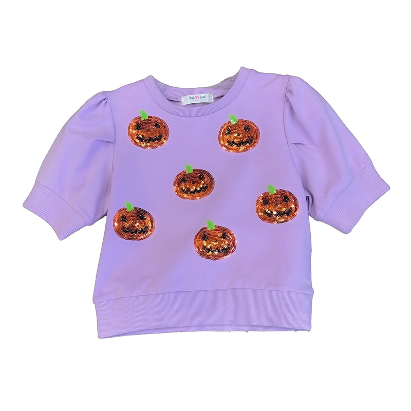 Purple girls shirt with Halloween sequin pumpkin designs on a white background