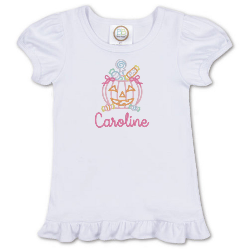 Personalized Halloween Girl's SS Ruffle Tee - White