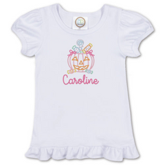 Personalized Halloween Girl's SS Ruffle Tee - White