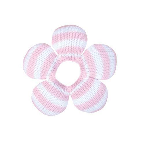 Pink and white striped flower-shaped knit rattle on a white background