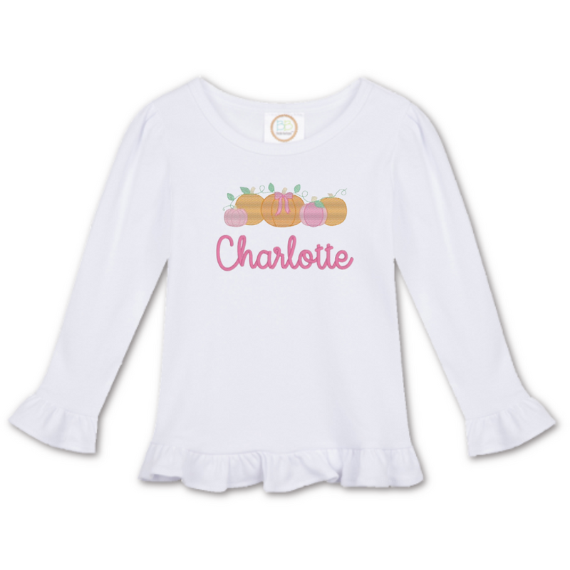 Personalized Halloween Girl's LS Ruffle Tee - White