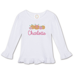 Personalized Halloween Girl's LS Ruffle Tee - White