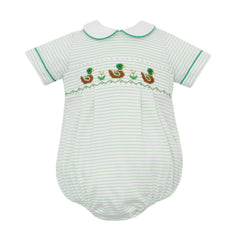 mallard duck bubble kids clothes needlepoint with peterpan collar, green piping, and green stripes.