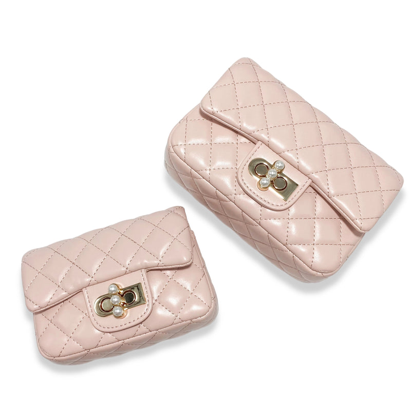 Pink Pearl Closure Quilted Purse - Big