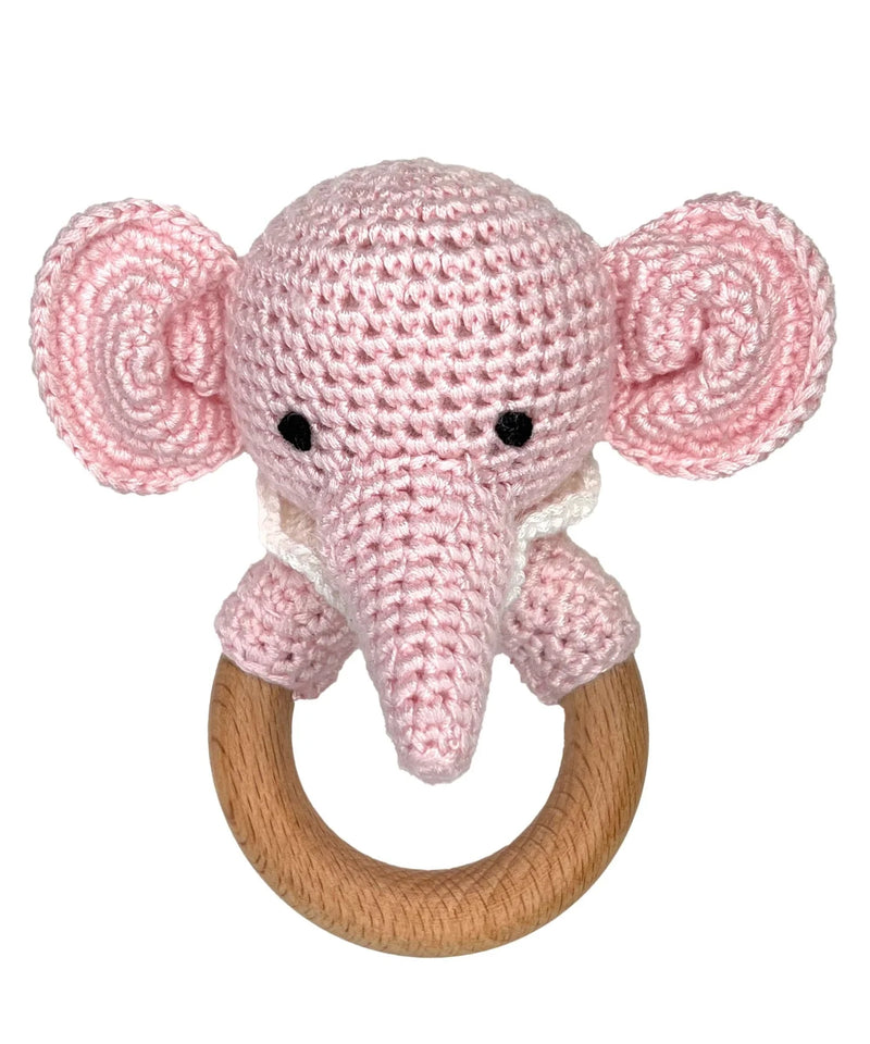 Elephant Crochet Woodring Rattle - Pink