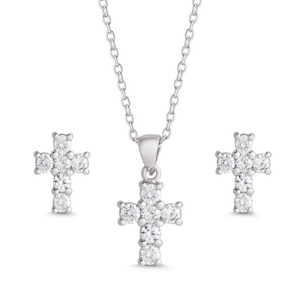 Silver Cross Necklace & Studs Set